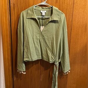 Rachel Zoe green wrap top with bead and shell details